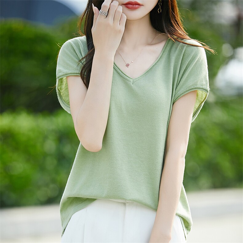 2025年夏季短袖T恤女夏季薄款天丝宽松百搭针织衫上衣,女装T恤,羿纯羊绒高端店