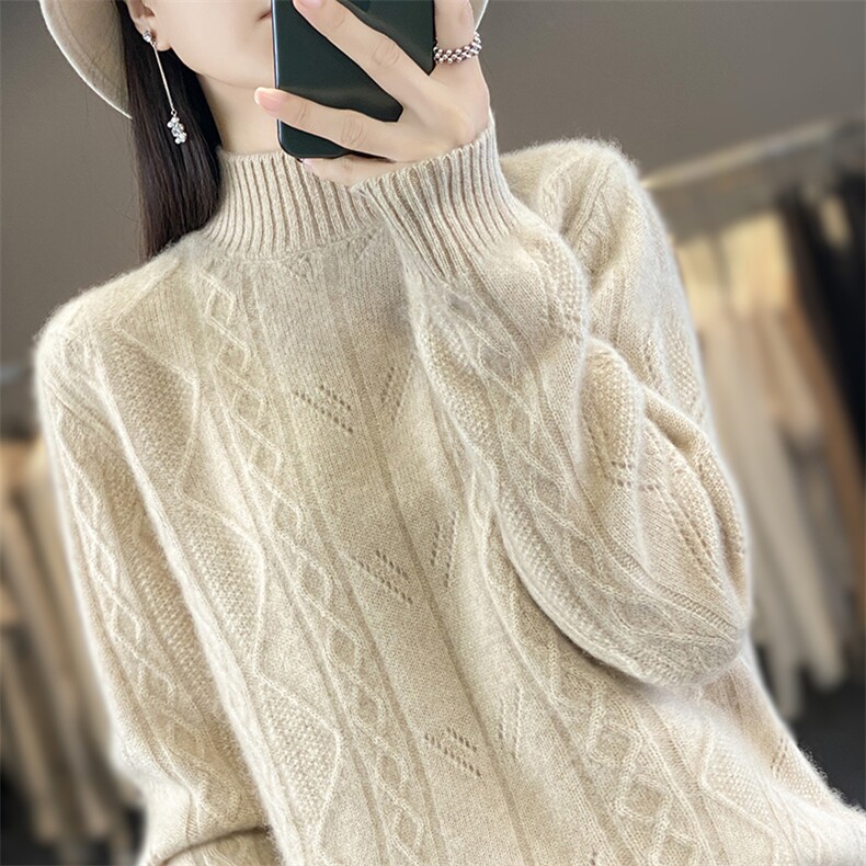法式复古绞花100纯羊毛针织衫女2025新款宽松显瘦长袖打底衫毛衣,女装羊毛衫,郡淞羊绒