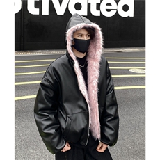 美式粉毛座山雕pu皮外套连帽棉服男冬季夹棉加厚潮棉衣机车服p105，男装棉衣，电商C307