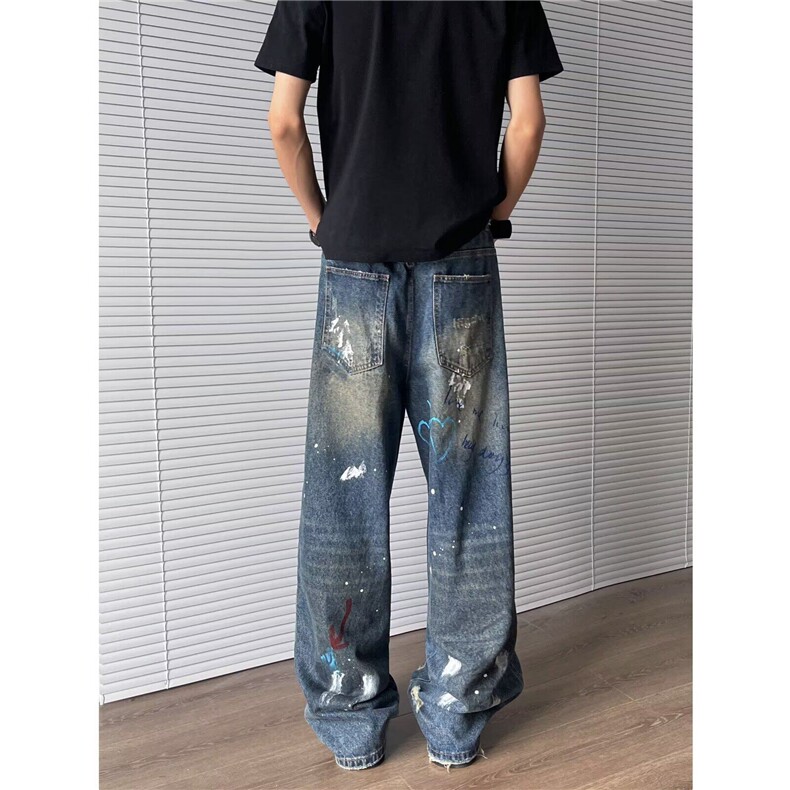 美式高街牛仔裤男女炸街帅气百搭破洞2025夏季ins长裤RK2618-P56,男装牛仔裤,星座412-3