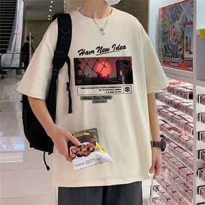 港风 纯棉夏季休闲宽松纯色短袖印花T恤男女潮 T6048 P25控38图片