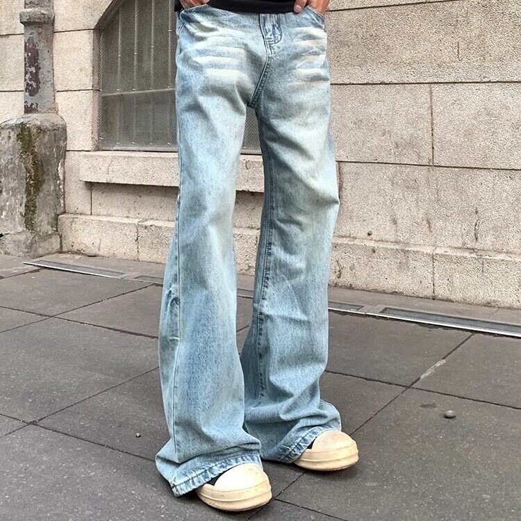 25美式复古做旧冰蓝色微喇显瘦牛仔裤宽松直筒百搭高街裤G016P50图片