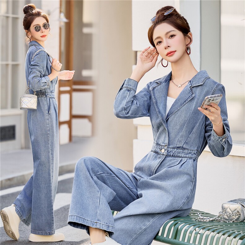 （新款现货）2026春装时尚显瘦西装领工装牛仔阔腿腰带连体裤女,女装连体裤,印象茜