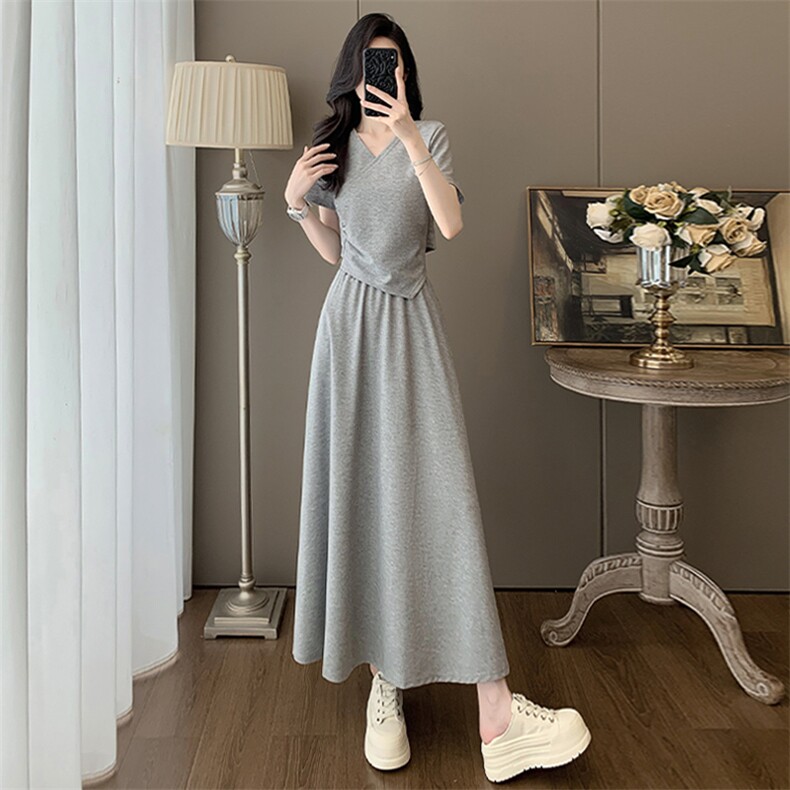 韩版女夏季新款时尚洋气套装裙灰色圆领短袖上衣半身长裙两件套潮图片