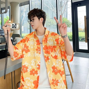 弹力布夏季男士印花短袖衬衫个性五分袖衬衣外套图片