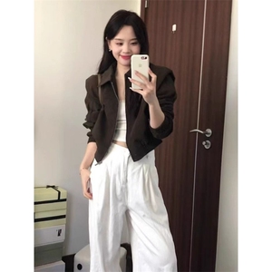 美拉德棕色短款外套女春秋季独特超好看又酷又飒的小个子夹克上衣图片