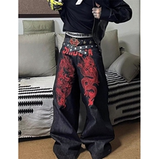 复古龙形印花牛仔裤女高街设计亚感宽松直筒阔腿拖地裤NG3168，男装牛仔裤，星座1116A（原606A-3）
