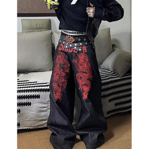 复古龙形印花牛仔裤女高街设计亚感宽松直筒阔腿拖地裤 NG3168图片