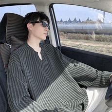 美式高街千鸟格子长袖T恤男女亨利V领英伦雅痞休闲宽松长袖打底衫，男装T恤，电商A443