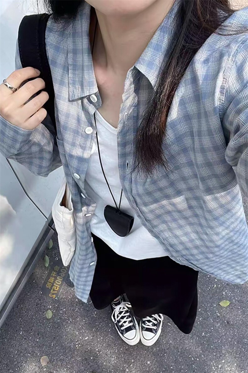 美式复古蓝格子衬衫宽松慵懒长袖衬衣开衫外套薄款C2253-特价42,男装衬衫,电商A007