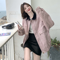 休闲撞色翻领皮粉色短外套女春秋2025新款小个子多巴胺甜美巨好看，女装短外套，2C198