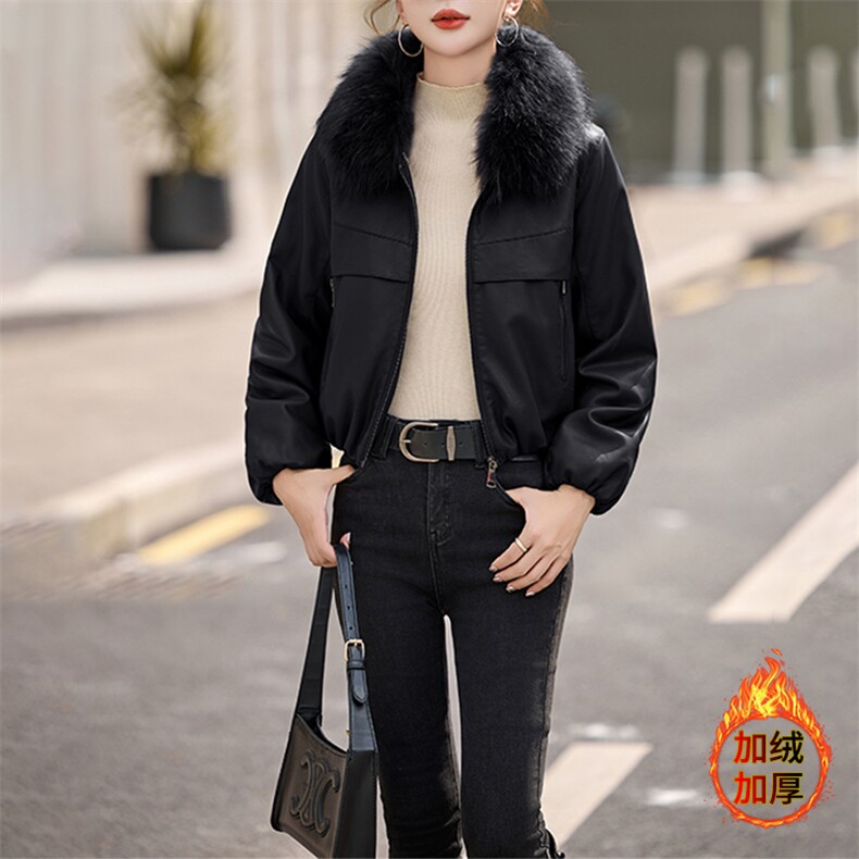 安可拉红加绒加厚短款皮衣外套女款2024冬季新款真毛领皮棉服夹克,女装皮衣,潮流依族
