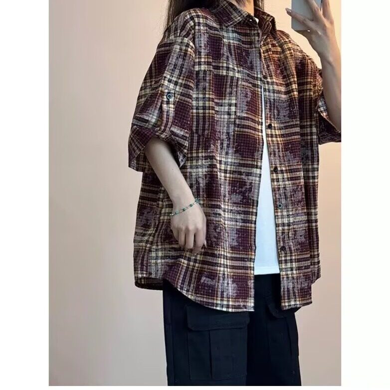 夏款格子短袖衬衫男生潮流青少年百搭宽松五分袖休闲上衣LS39P36,男装T恤,星座1013-5