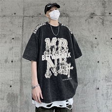 高克重美式高街水洗做旧字母印花短袖T恤潮宽松男D259P38，男装T恤，电商A335-1（原A458）
