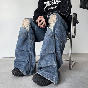 美式高街做旧重工水洗直筒蓝色阔腿百搭裤子潮流破洞牛仔裤图片