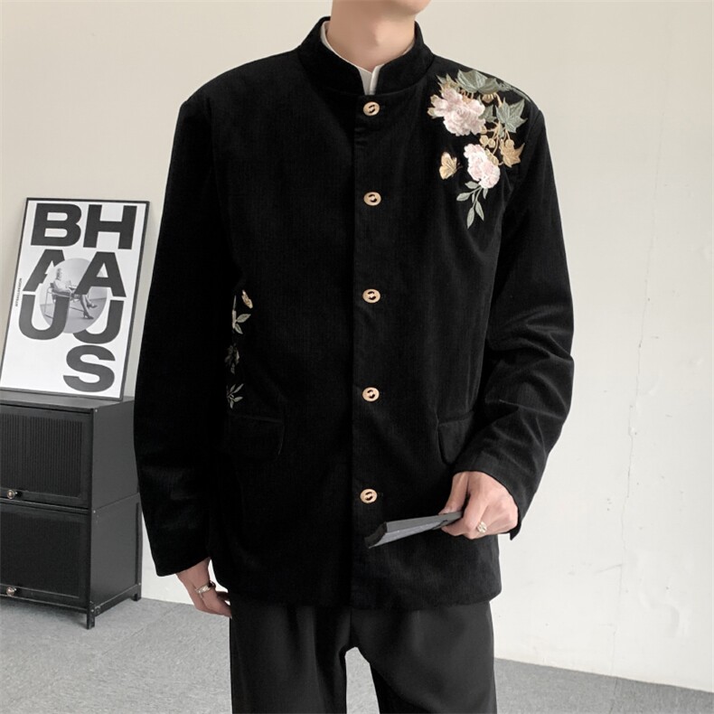 春秋新中式立领黑色牡丹蝴蝶刺绣金属扣西服男女同款休闲外套,男装西服,星座909