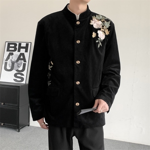 春秋新中式立领黑色牡丹蝴蝶刺绣金属扣西服男女同款休闲外套图片