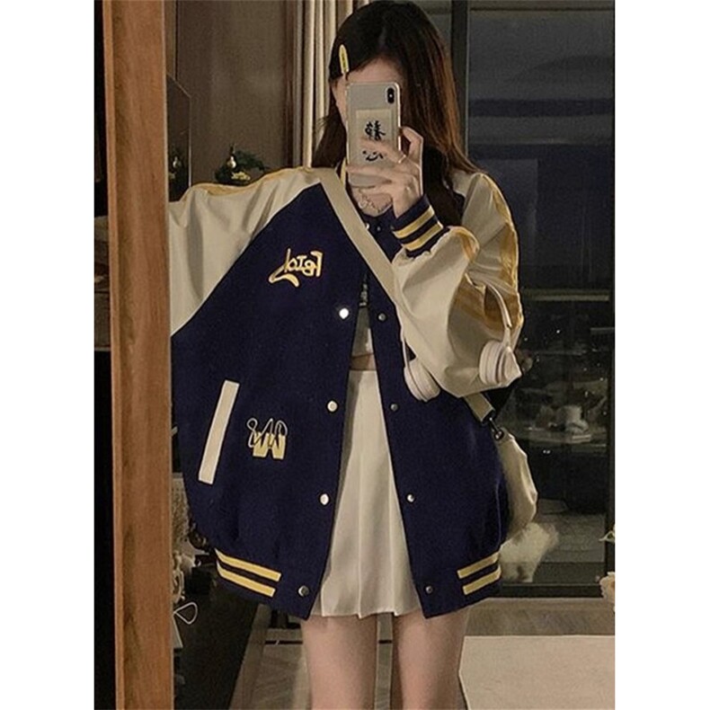 复古条纹撞色棒球服女潮牌宽松春秋插肩袖外套夹克JK005,男装夹克,星座1116A（原606A-3）