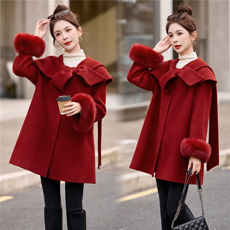 狐狸毛可脱卸双面羊毛大衣女2025年冬季新款优雅气质中长款毛呢，女装毛呢外套，玖莱伊