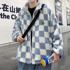 2023冬季新款棋盘格羊羔绒棉服韩版宽松开衫棉衣外套W6154-P80，男装棉衣，星座512-2