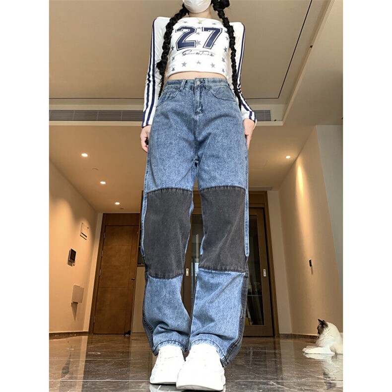 X360-P58街头嘻哈撞色拼接牛仔裤高腰直筒长裤宽松阔腿裤,男装休闲裤,星座911