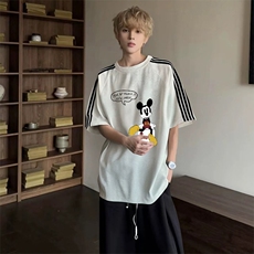 抖音得物品质二开240克宽松纯棉美式潮牌印花三条杠中性风短袖T恤，男装T恤，电商A486-1