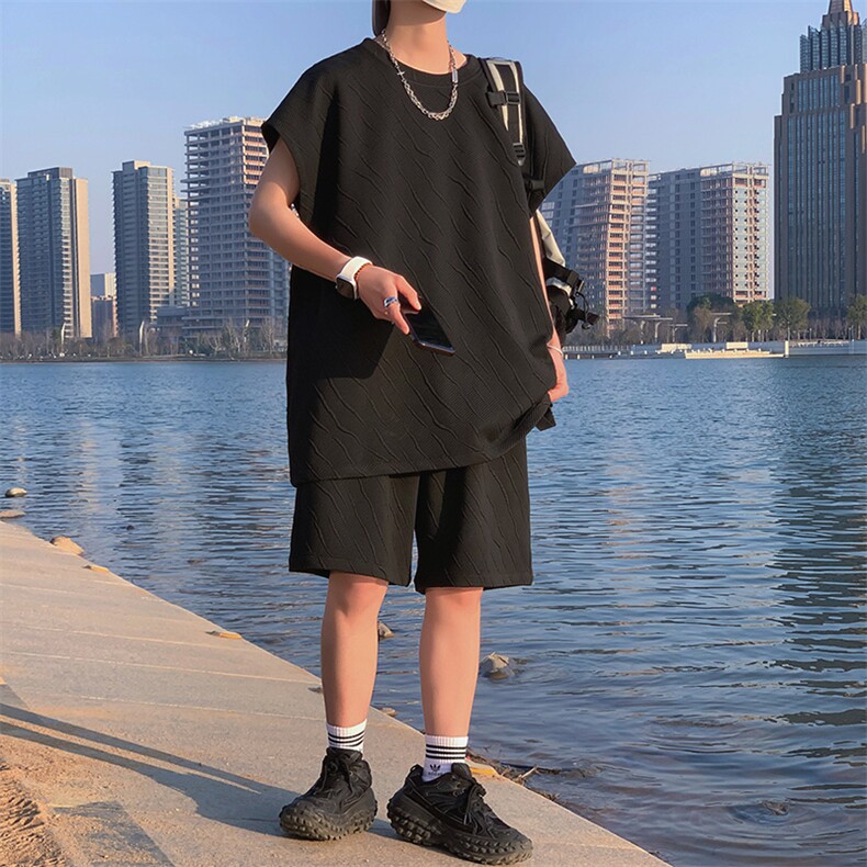 TZ84041/P55夏季提花无袖背心短裤t恤休闲宽松大码两件套套装男,男装休闲套装,电商A141
