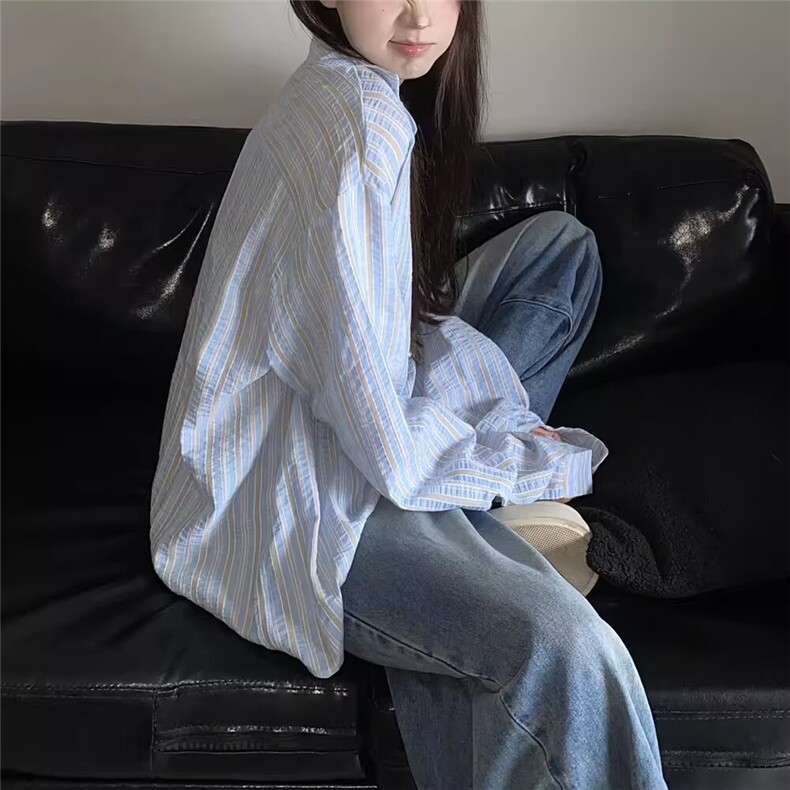 春季韩风休闲肌理感清爽不规则蓝条纹衬衫男长袖设计感垂感衬衣潮,男装衬衫,星座506A