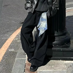 黑色方巾可拆弯刀牛仔裤男美式复古拉链设计感镰刀裤宽松阔腿裤子图片