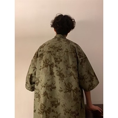 复古碎花短袖衬衫男女宽松美式设计感港风chic情侣夏季衬衣-CC123，男装衬衫，星座601-2