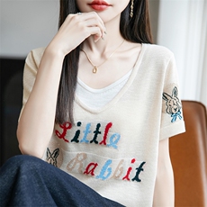 夏季双层V领短袖T恤女宽松竹节麻字母外搭薄款针织半袖上衣显瘦潮，女装T恤，菲奥羊绒