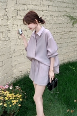 甜美浅紫色轻薄防晒衬衫短裤套装女夏2025新款小个子巨好看两件套，女装套装/套裙，2C176