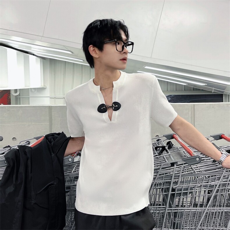 <自家图>金属锁扣v领夏季潮流简约纯色透气薄款T恤CB201-P50,男装T恤,星座1109-4