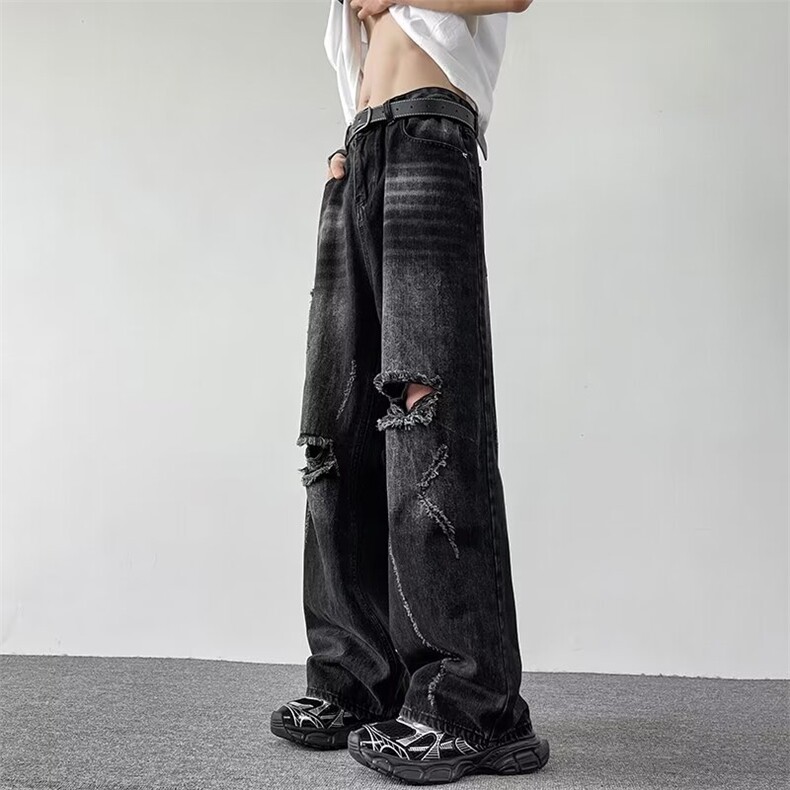 美式复古破洞牛仔裤男女潮宽松直筒微喇叭休闲拖地裤RK2145-P45,男装牛仔裤,星座412-3
