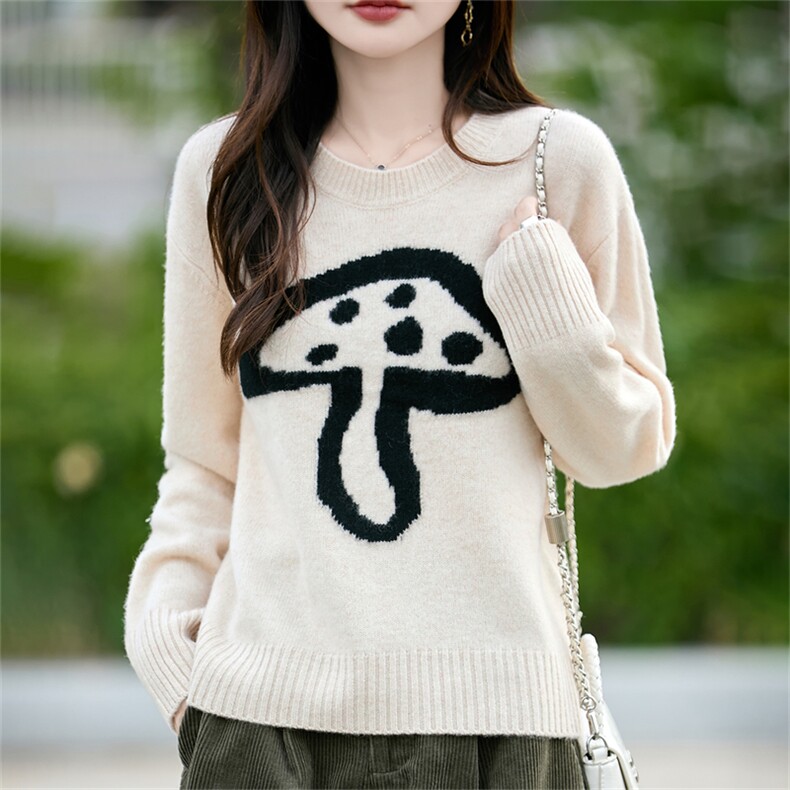 2025百搭时尚简约蘑菇刺绣羊毛衫，女装羊毛衫，哲奥羊绒