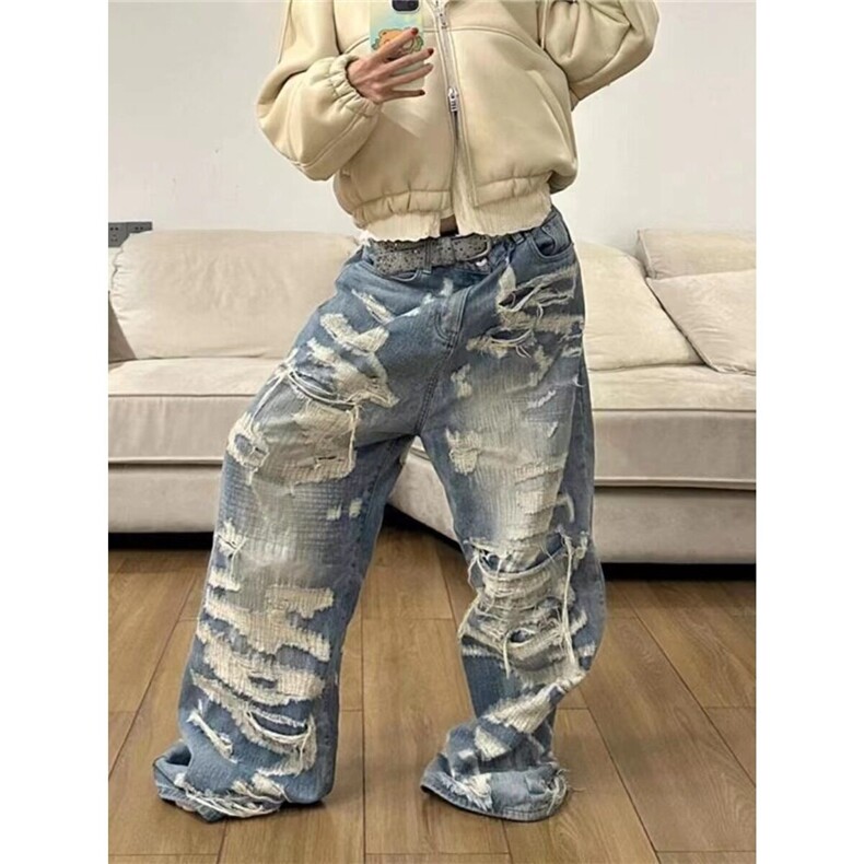 2025美式复古做旧拼接破洞牛仔裤男女高街宽松cleanfit休闲直筒裤图片