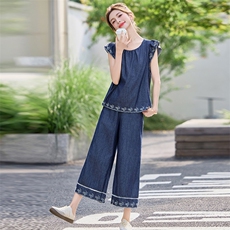 韩版刺绣牛仔阔腿裤两件套装女2025夏季新款小个子时尚飞袖套装潮，女装套装/套裙，魅影