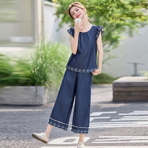 韩版刺绣牛仔阔腿裤两件套装女2025夏季新款小个子时尚飞袖套装潮图片