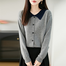 学院风POLO领拼色针织开衫女加厚毛衣外套2025新款法式高端打底衫，女装针织衫/毛衣，唐诺