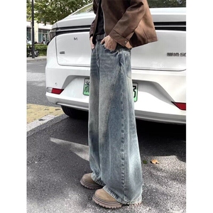 W9033-P58 网图现货 春季新款复古蓝阔腿牛仔裤高腰宽松显瘦长裤图片