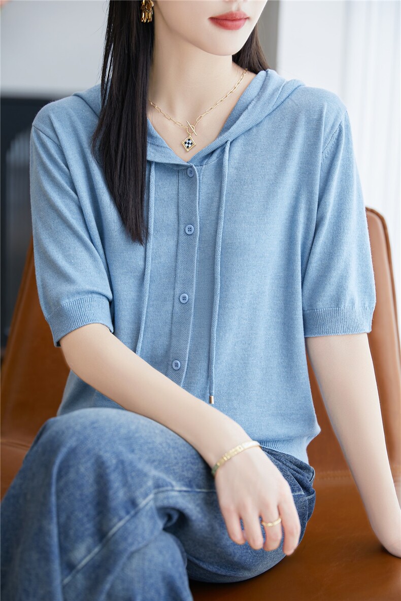 2025夏季新款精纺羊毛帽衫短袖女,女装T恤,晨旭羊绒