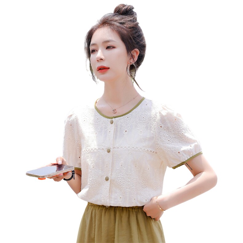 衬衫女夏2025夏季高级感气质减龄显瘦花边撞色短袖上衣,女装衬衫,木子恋