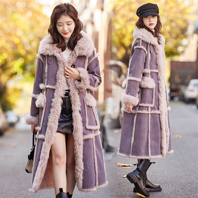 紫色高级感皮毛一体外套女中长款2023冬季新款厚实减龄仿羊羔毛大衣，女装羊羔毛/颗粒绒，千千佰惠