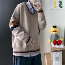 秋装港风针织衫V领长袖毛衣JK宽松制服情侣慵懒风中性W08/P65，男装针织衫/毛衣，电商A221A