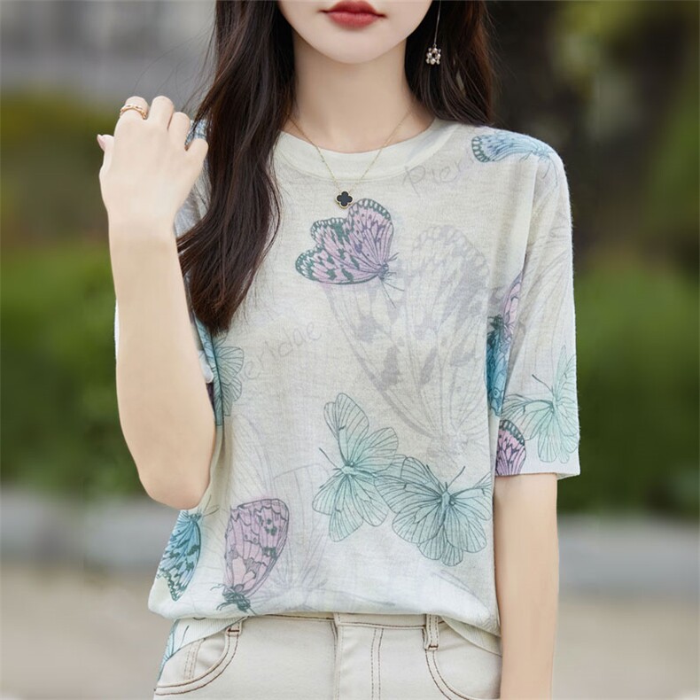 2025春夏新款圆领印花短袖女士精纺羊毛轻薄柔软透气减龄休闲T恤,女装T恤,暖烁特种纱工厂店