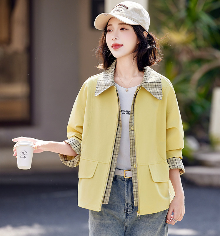 黄色美式复古格纹拼接假两件夹克女2025初春新款设计感休闲短外套，女装短外套，姿萝菲