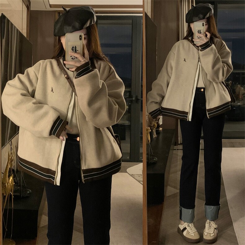 C869-P110美式复古毛呢外套女2025新款加厚拉链棒球服夹克宽松图片