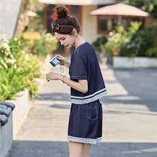 2025韩版夏季薄时尚显瘦蕾丝拼接牛仔短袖短裤套装，女装套装/套裙，贵人树