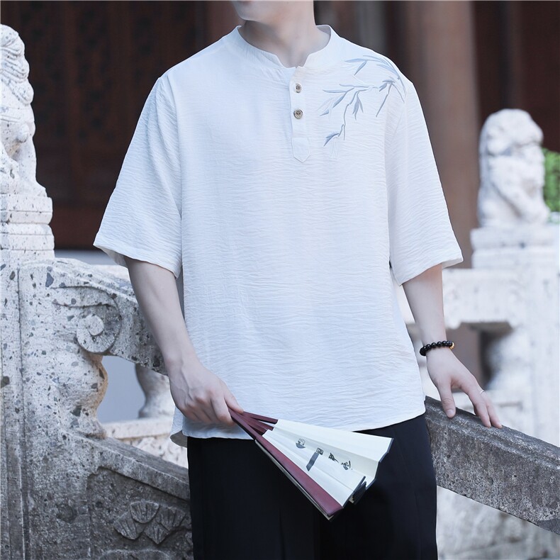 夏季冰丝立领短袖夏季凉感风刺绣新中式大码垂感T恤男T812P55,男装T恤,电商A021A