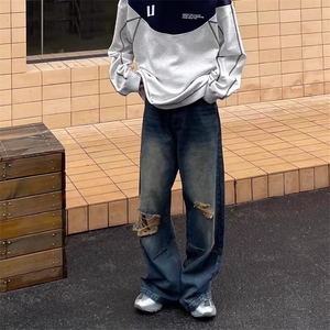 复古水洗破洞牛仔裤男小众高街直筒宽松阔腿裤子vibe潮 ND767图片